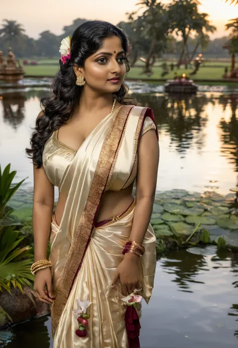 ultra realistic portrait of young woman, wearing Satin saree, Godess of Lust by Raja Ravi Varma, ((detailed huge nude breasts exposed:1.4)), bathing in a pond with Swans, beautiful lush, plume, white Swan, MiLF body, pomegranate fruit, with ancient Indian ...