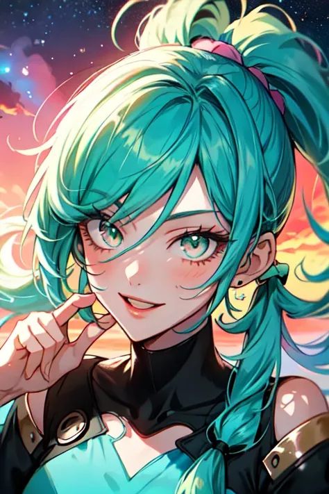   lush eyelashes  ,   The first girl with a shoulder-high blue tail and a calm face.,   beautiful face,  multicolored hair ,   hair gradient  ,   hair color  : blue,   blue hair,  High blue tail  , (without bangs),  curl on the cheek  ,   hairstyle high po...