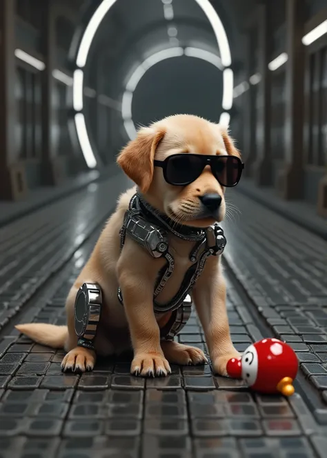 (aerial view). realistic portrait, a robotic Labrador puppy with black micro sunglasses, 1dog, playing with a small clown toy, simple outlined huge sci-fi tunnel in the background.