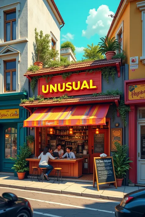 Visual advertisement for a coffee shop that is called Unusual