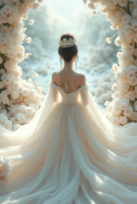 A girl koeran Extreme Wide Shot,aerial perspective,top-down view,grand scale,central subject,woman in hanfu bridal gown,hanfu petals are covered around,intricate crystal floral patterns,ethereal white Color flower sea backdrop,dreamlike ambiance,vibrant wh...