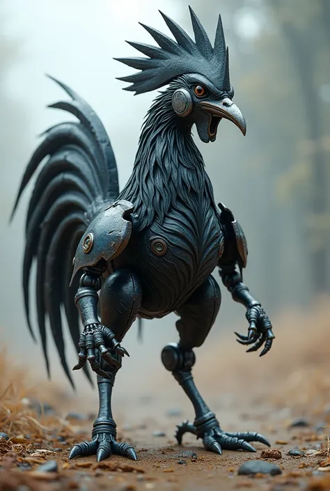 Image of a fusion between a very thin fighting Indian rooster in the colors black, gray and blue with strong and thick legs and an iron beak and crest on top of the head in the shape of a ball with a height of 80 cm between a fighting chicken 