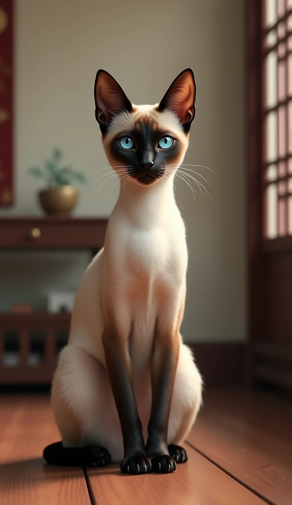 "A slim Siamese cat with short cream fur, dark chocolate points, and almond-shaped blue eyes, sitting gracefully on a wooden floor with a traditional Asian backdrop."

