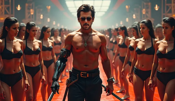 Shah Rukh Khan with big cigarette in mouth. shirtless with a sword and robotic arm, five hundred background black samurai girl in bikini dress. The text prominently displays the title SIKANDAR with a crown motif. The design is vibrant, detailed, and visual...