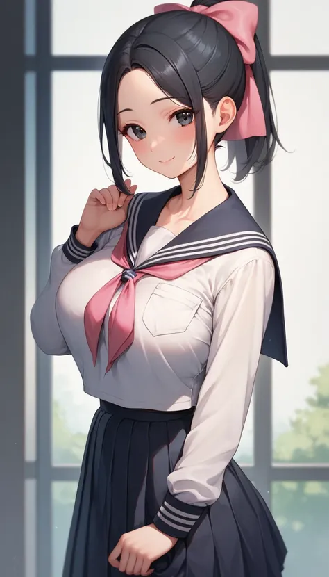 Masterpiece, high quality, full screen, whole body, original, staring at the viewer, Japanese, beautiful girl alone, solo, plain beautiful girl, loli, black eyes, black hair, short hair, ponytail, forehead, smile, shy smile, big breasts, clothed big breast...