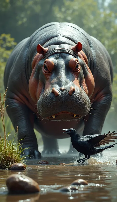 Give me some image building cues where the dangerous hippopotamus and the crow come together in a fierce combination