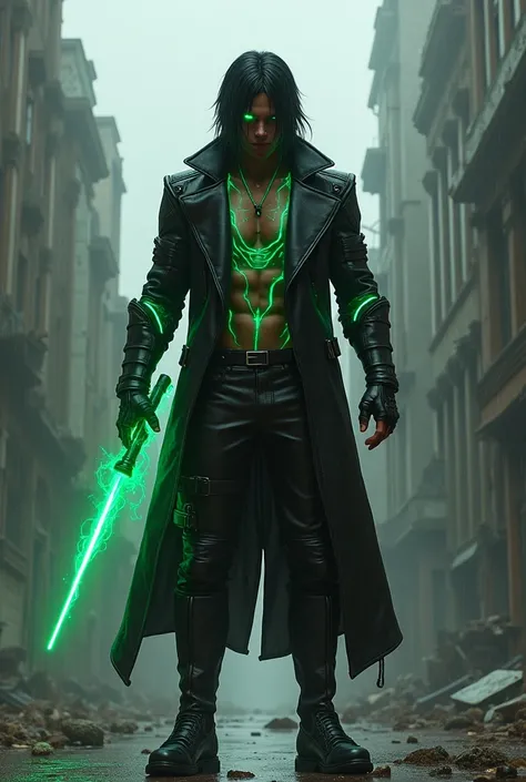 White male character with black hair and green eyes wearing black leather overcoat and body veins shining in green holding a holographic whip on a destroyed street raining, Like combat clothes 