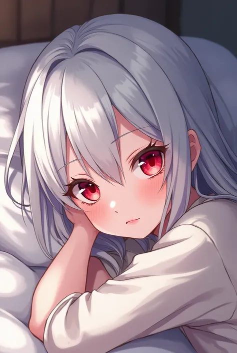 You can make an anime style girl, white hair with red eyes, red lips, a mole near her lip and another near one eye and that she is lying in her arms 