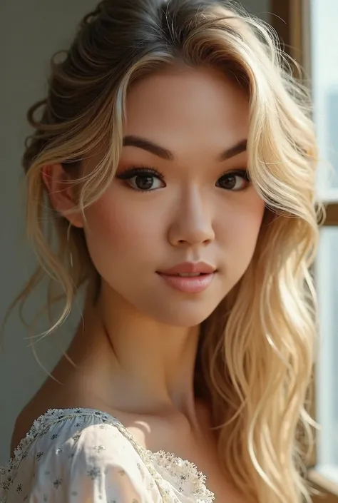 A beautiful young woman with fair skin and light hair.