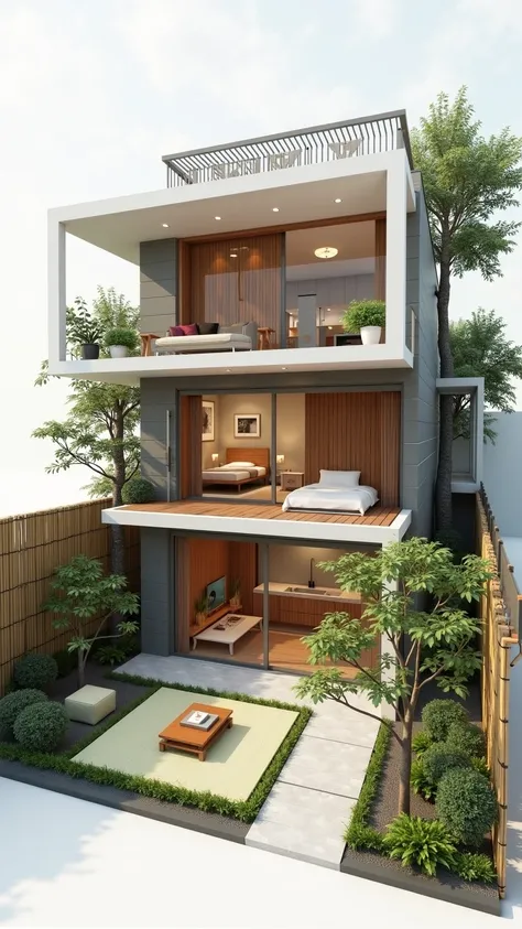 Design of a modern style 3-storey house, with an L-shaped Zen garden, a relaxation corner with tatami mats and a low tea table. Bamboo fence, sliding gate. Interior: Living room, combined kitchen, bedroom, bathroom. Color: White, brown, green. Material: Wo...