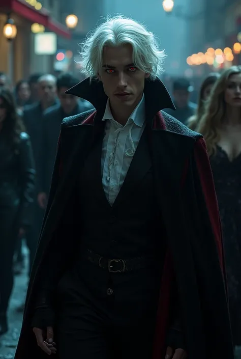 A male vampire with red eyes and white hair wears a vampire costume and walks around people at night while hiding his fangs with a slight smile and girls like it