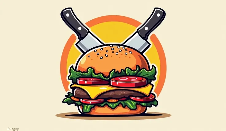 Logo for a burger joint: a juicy burger in the foreground with crossed giant knives in the background, stylish and minimalist design