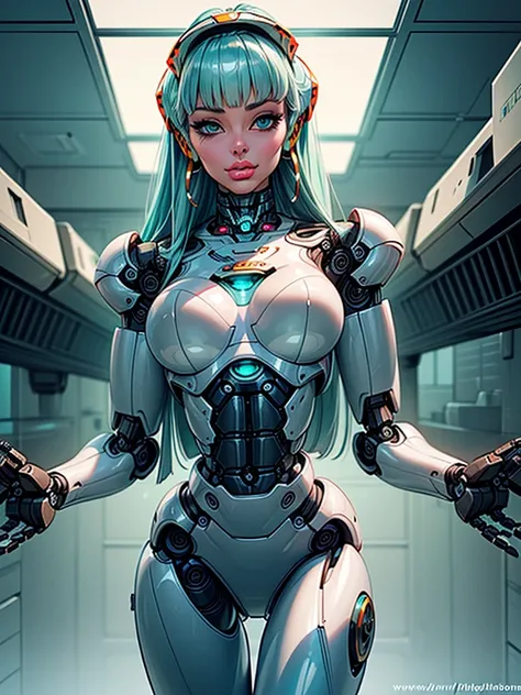 ((front view)),looking straight to viewer, ((light aqua hair:1.4)), There is a woman in a robot suit ((posing inside futuristic Roman building)), ((long side burns)), ((long hair bangs:1.5)), ((Beautiful white girl half cyborg)), ((hair partly covers eyes)...