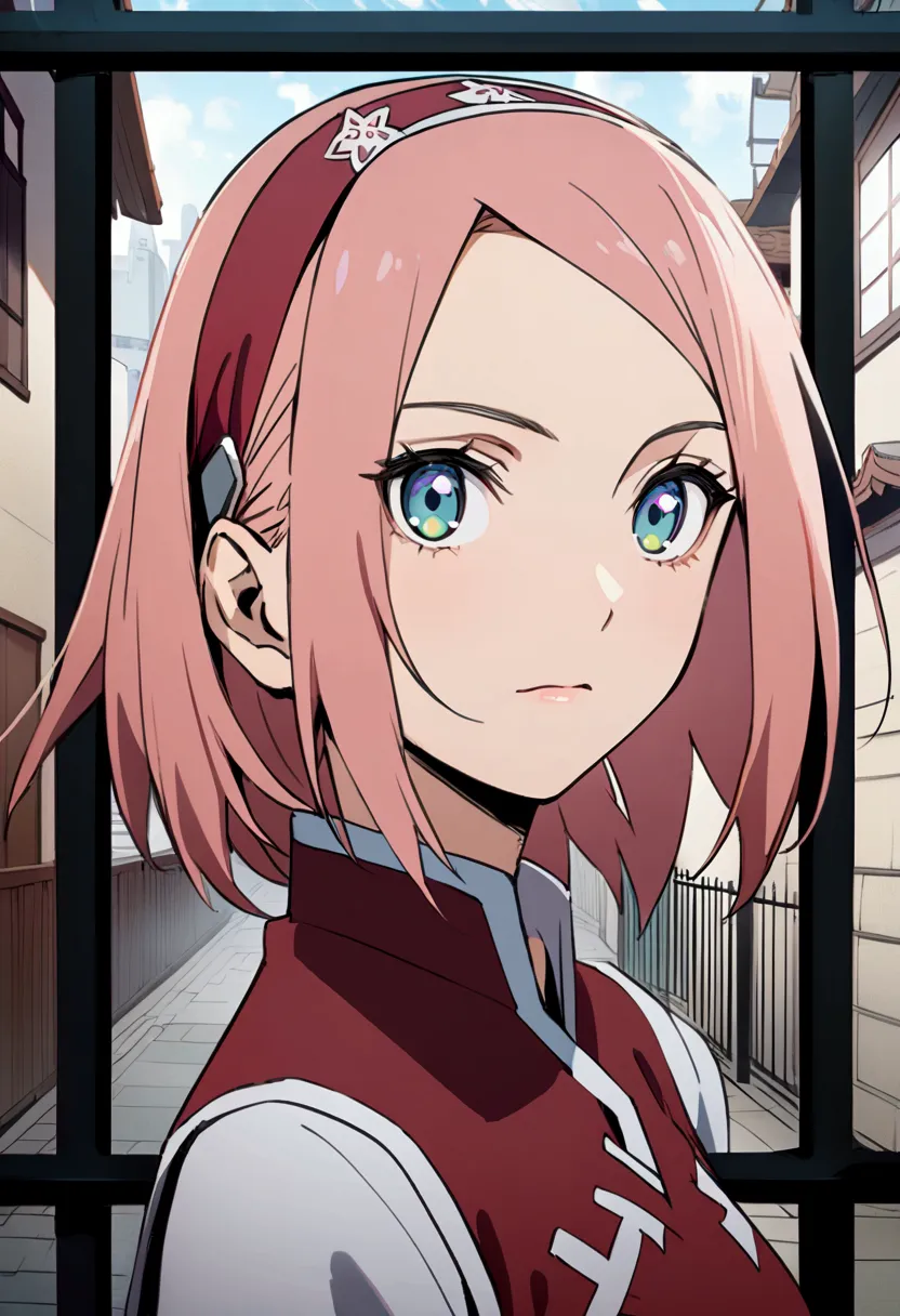 sakura haruno, potrait, background of building gate , potrait,