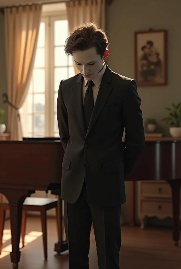 (photorealism:1.2), full white masked man, bowing pose, wearing black suit, black pants, short curly hair, indoors, soft lighting, piano in background, window with sunlight, cozy room, realistic, intricate details, warm colors