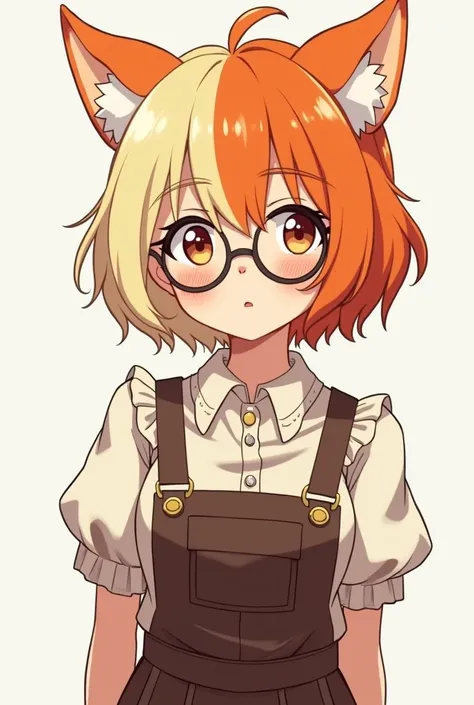 A 90s anime/visual novel character, her hair is light blonde on the right side and orange on the left, short with pigtails. Orange up dog ears. A blouse with puffed shoulders and a ruffled collar with a dark brown overall skirt with suspenders. The girl ha...