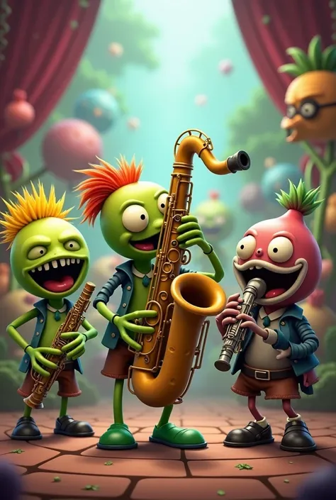 create an image with the characters from Plants vs. Zombies playing specifically and only a saxophone, clarinet, flute