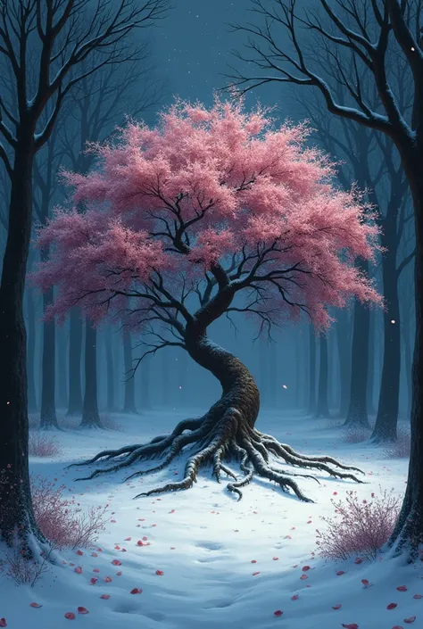 Snowy night fantasy landscape
Forest and in the middle a cherry tree broken into pieces