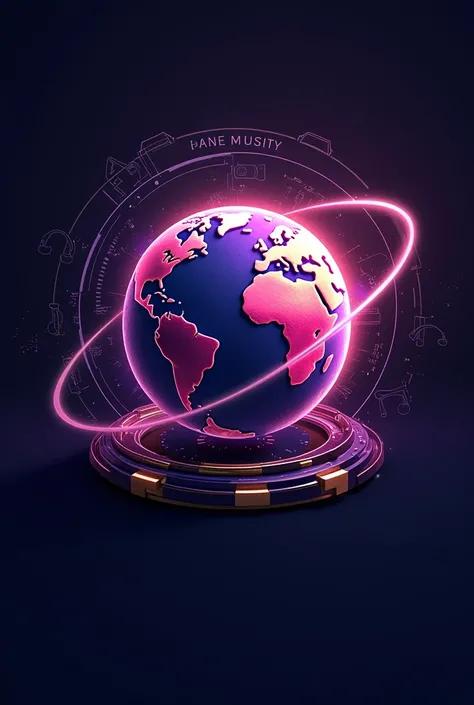 Logo earth futuristic says PLANET MUSIK COMMUNITY 3D purple pink gold silver