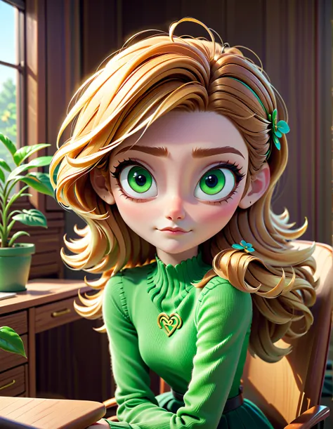  Pixar style ,  super cute personalized meadow ，Focus on expression and seriousness, Big and bright green eyes ，Character ratio 1:3，Sitting in an office chair looking at laptop ,  window light  , Wooden furniture，office， Warm decoration  , Focused look, De...