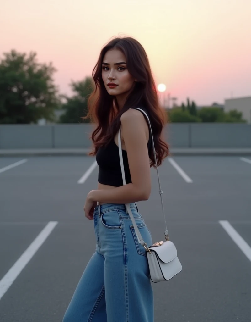 A young woman stands in an empty parking lot during sunset. She has long, wavy dark brown hair and is wearing a sleeveless black top paired with high-waisted, wide-leg blue jeans. She carries a small white purse on her shoulder and wears white sneakers. Th...