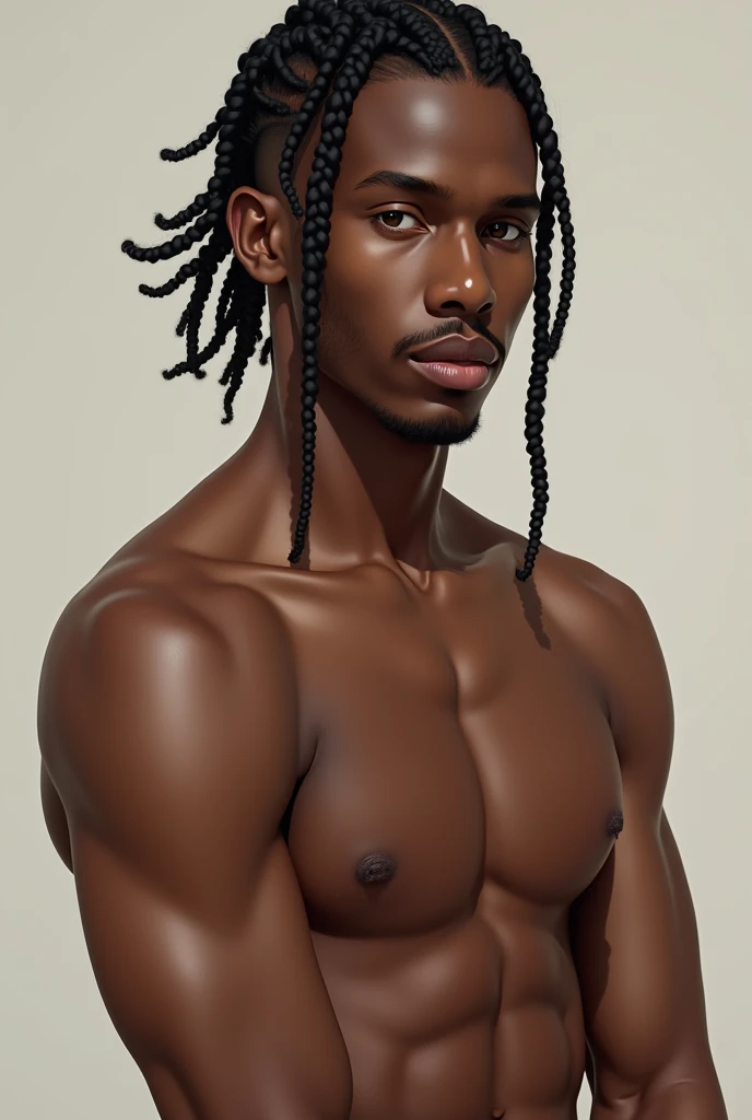  Realistic illustration of a skinny black man, black hair with braids,  dark eyes, soft lips and beautiful, detailed face .  Full body must be visible in the image.