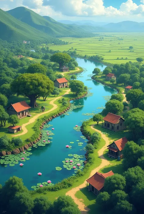 Create a small village near the big lake with full of lotus but do not add big mountain please. The first farm house has a large tamarind tree and the second farm house is a little big house with a large tamarind tree. To its south is a shrine and a large ...