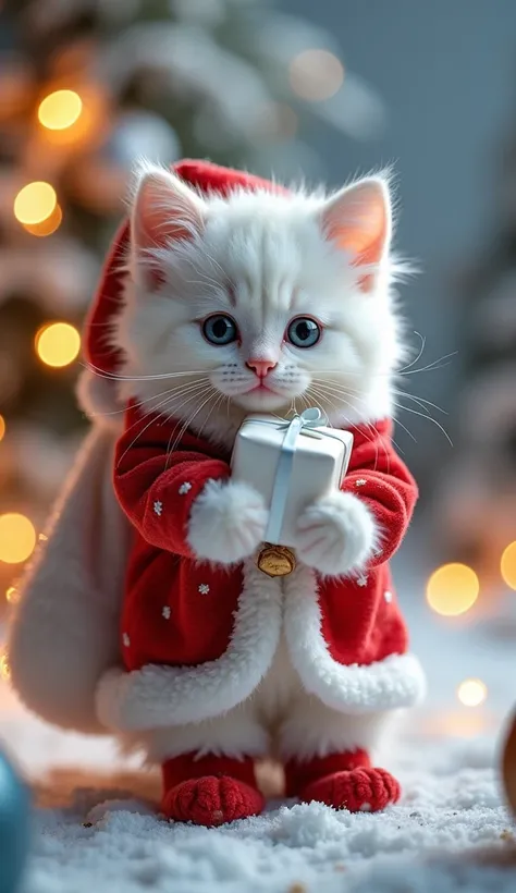  cute white kitten 、 Santa Claus Costumes、Carrying a bag containing a white present、 The background is Christmas illuminations、High image quality