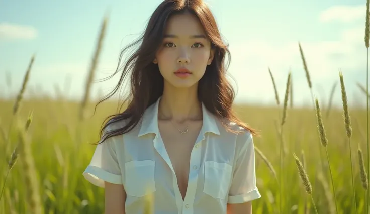  close-up of a young Korean woman standing in a green field, Beautiful girl, Strong wind, sunlight, Clear sky,  white shirt , shoulder, armpit, Collarbone ,  Busty , abdomen, navel,  shorts