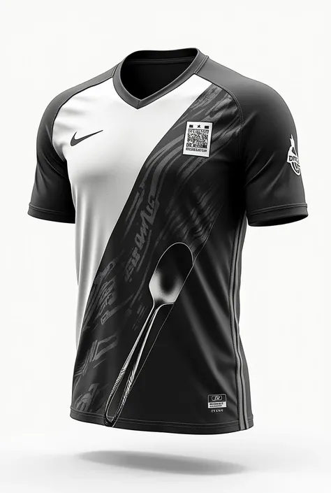 A soccer jersey based on a chefs report in the colors black and white 