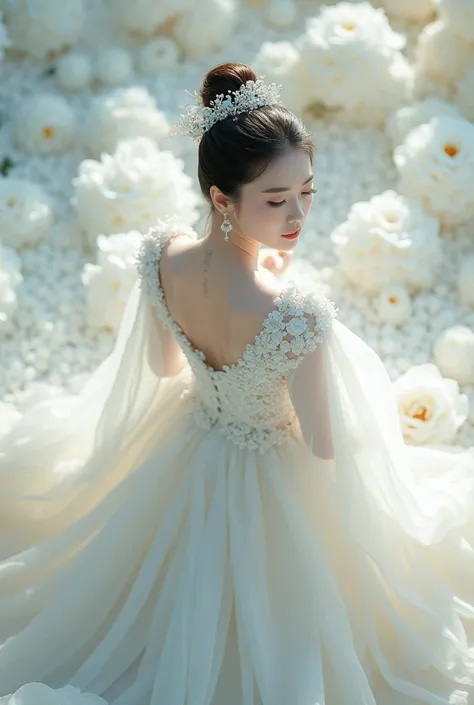 A girl koeran Extreme Wide Shot,aerial perspective,top-down view,grand scale,central subject,woman in hanfu bridal gown,hanfu petals are covered around,intricate crystal floral patterns,ethereal white Color flower sea backdrop,dreamlike ambiance,vibrant wh...