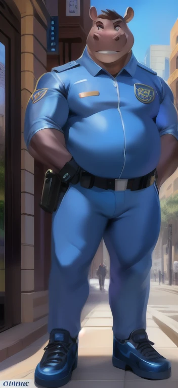 Solo, female Tall​,mannequin, standing, street,hippo ​,Cyber Police, blue military spacesuit, overweight, muscular, Paranoia,by chunie