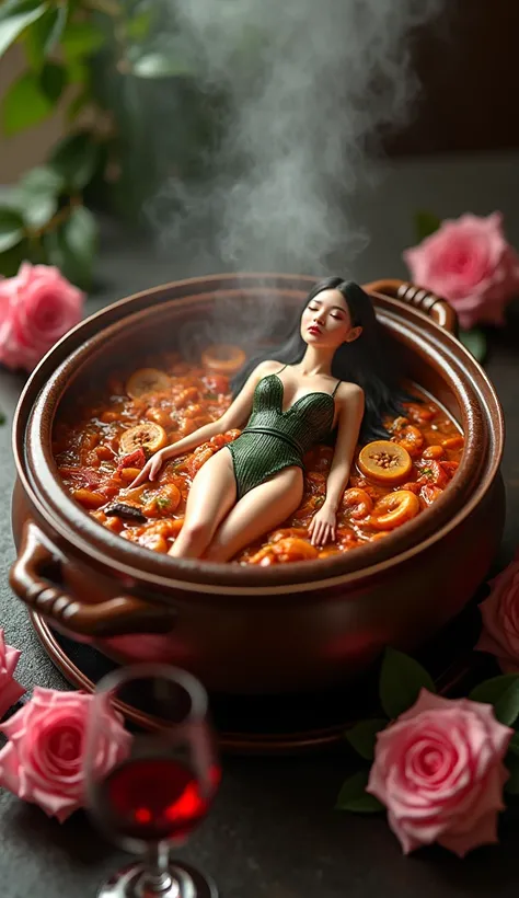  Create commercial cover page  "  Make nasi lemak acai  " Motivated  ，  a sexy dress made of kelp，Lie in the center of an upscale ceramic casserole ， contains seafood abalone， This position is very sexy and charming ，This stew pot is super large  ，  The wo...