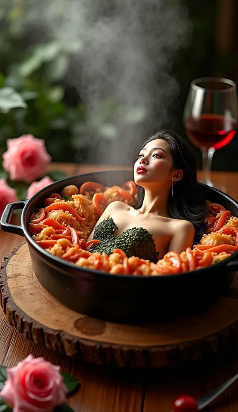  Create commercial cover page  "  Make nasi lemak acai  " Motivated  ，  a sexy dress made of kelp，Lie in the center of an upscale ceramic casserole ， contains seafood abalone， This position is very sexy and charming ，This stew pot is super large  ，  The wo...