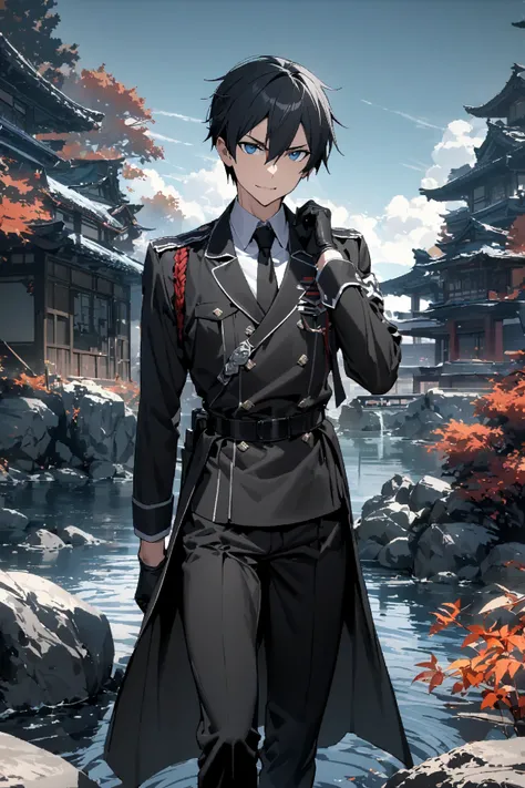 masterpiece, 最 High Quality , 8k, ((1 male, Alone, male focus, confident,)), A blue lake in a nature-rich Japanese garden with fall foliage, blue sky、最 High Quality , Kirito,  Japanese delicate and elegant anime style cool guy, Draw faces in high detail、 S...