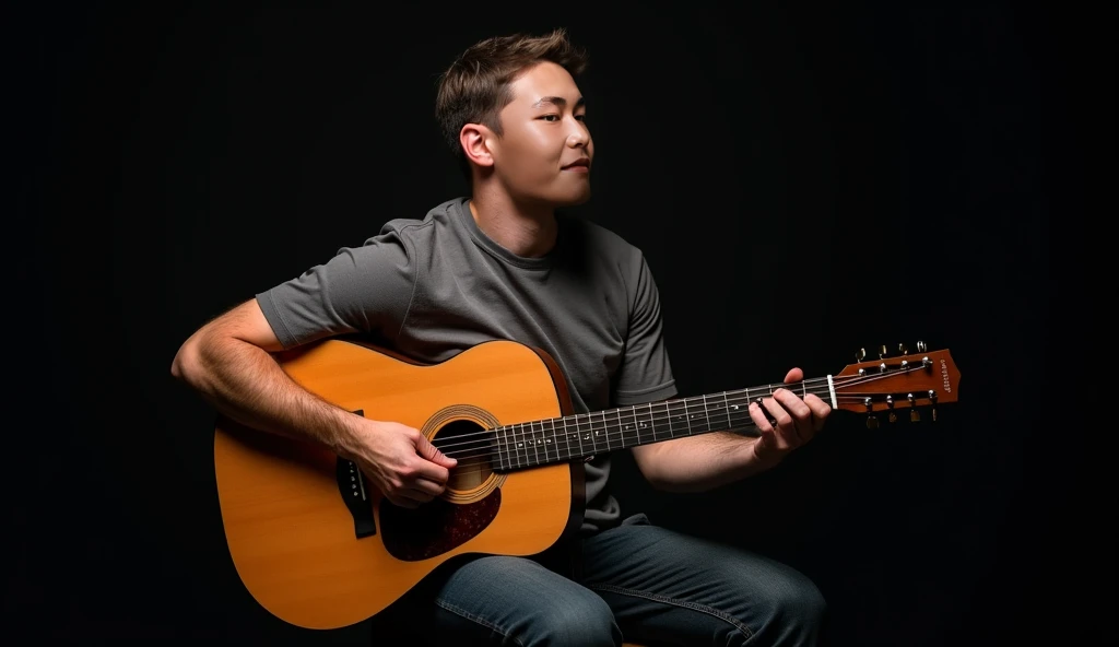 " A man in his 30s plays an acoustic guitar soulfully , sitting on a wooden chair.  Dark background with soft light highlights from above that create dramatic shadows around him.  Hyper-realistic visual style with a focus on the wooden details of the guita...