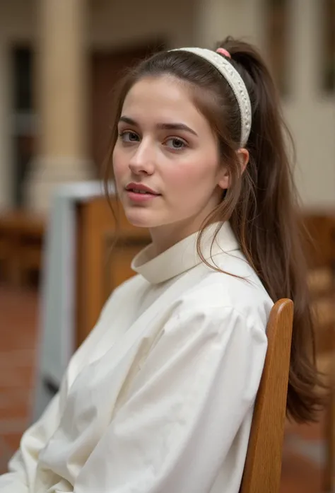 young brunette 20 yesrs old german Ministrantin, beautiful eyes. long brunette hair with ponytail. hairband, lange weisse Kirchenrobe aus cotton, transparent lip gloss, narrow building, Pretty, 2, Full body photo, Sitting in a church and looking around, lo...