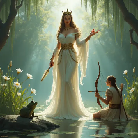  against a background of white water lilies and reeds ,  belt on her head and a crown ,  in her paw, an arrow ,  holds an arrow . Next to her ,  A frog is sitting on a rock in the middle of a swamp {x} on the shore, a prince kneels with a bow to shoot in h...