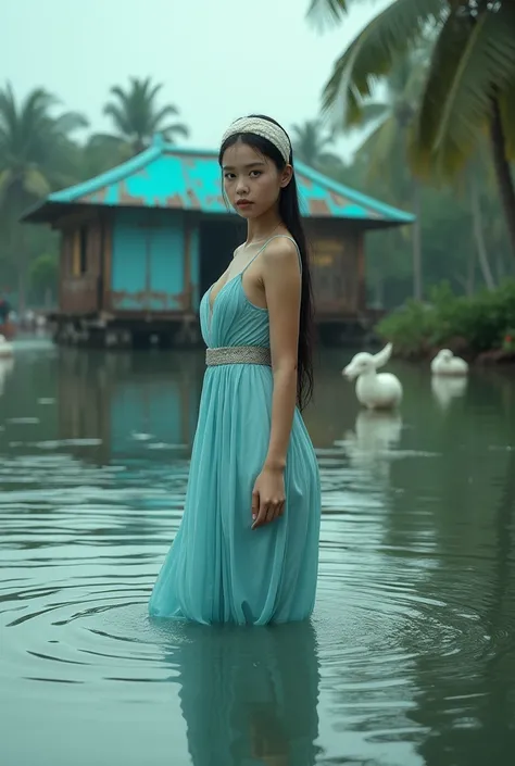 The image shows a young sexy woman standing in a flooded area. She is wearing a blue dress and a white headband. The water is up to her knees and she is looking towards the camera. In the background, there is a wooden structure with a blue roof and a few w...