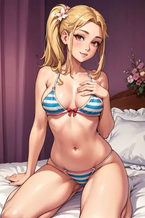 1girl, solo, realistic, pubic hair, female pubic hair, bikini pull, long hair, nipples, bikini, kneeling, swimsuit, navel, underwear, socks, flat chest, looking at viewer, pulled by self, brown hair, panties, pussy, loli, smile, clothes pull, hair ornament...