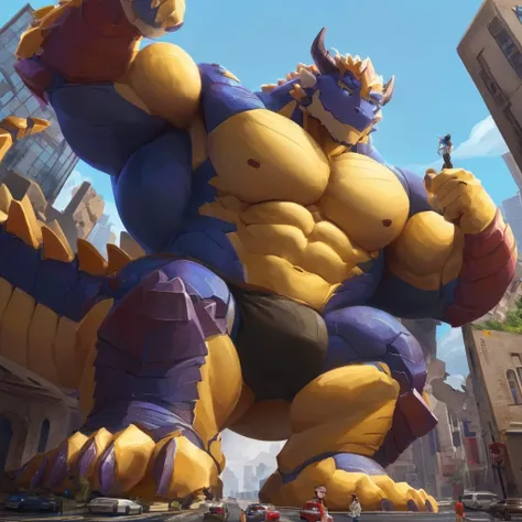 The as big as a building  exoskeleton dragon  in the small street， exoskeleton dragon (massiv:3.0, big muscle :1.1( heavyweight,stark,Macro, emphasize the huge size,  Stepping on the ruins )), background (( the collapsing building, raise small spoke ,the l...