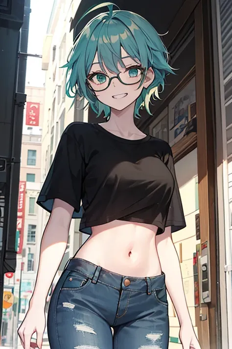 Masterpiece, best quality, 1girl, solo, 23 years old, adult, teal and green hair, messy hair, asymmetrical hair, ahoge, very short hair, aqua eyes, medium breasts,  toned, 167cm, pale skin, glasses, grin, olive green shirt, jeans, midriff peek,