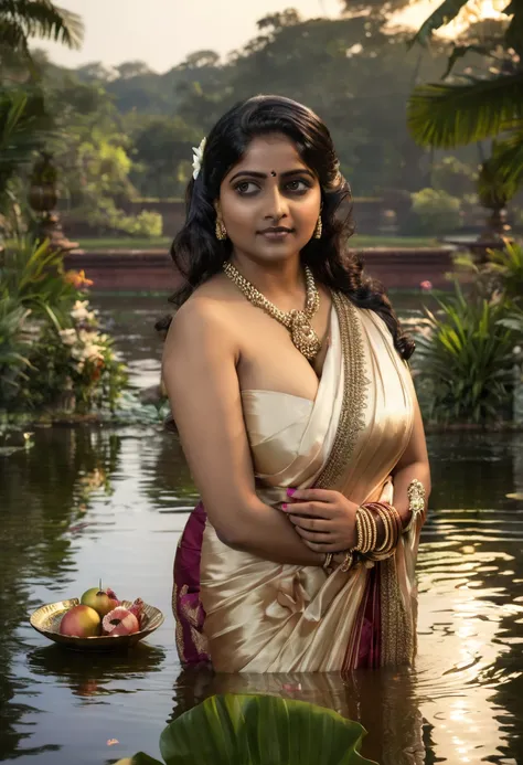 ultra realistic portrait of young woman, wearing Satin saree, Godess of Lust by Raja Ravi Varma, ((detailed huge nude breasts exposed:1.4)), bathing in a pond with Swans, beautiful lush, plume, white Swan, MiLF body, pomegranate fruit, with ancient Indian ...