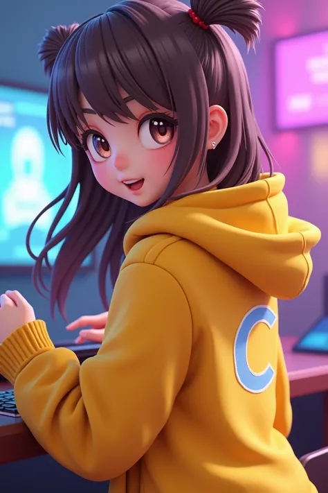 Make a 3d anime girl gamer wearing hoodie color yellow with letter C AT THE BACK 