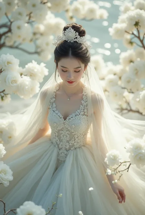 A girl koeran Extreme Wide Shot,aerial perspective,top-down view,grand scale,central subject,woman in hanfu bridal gown,hanfu petals are covered around,intricate crystal floral patterns,ethereal white Color flower sea backdrop,dreamlike ambiance,vibrant wh...