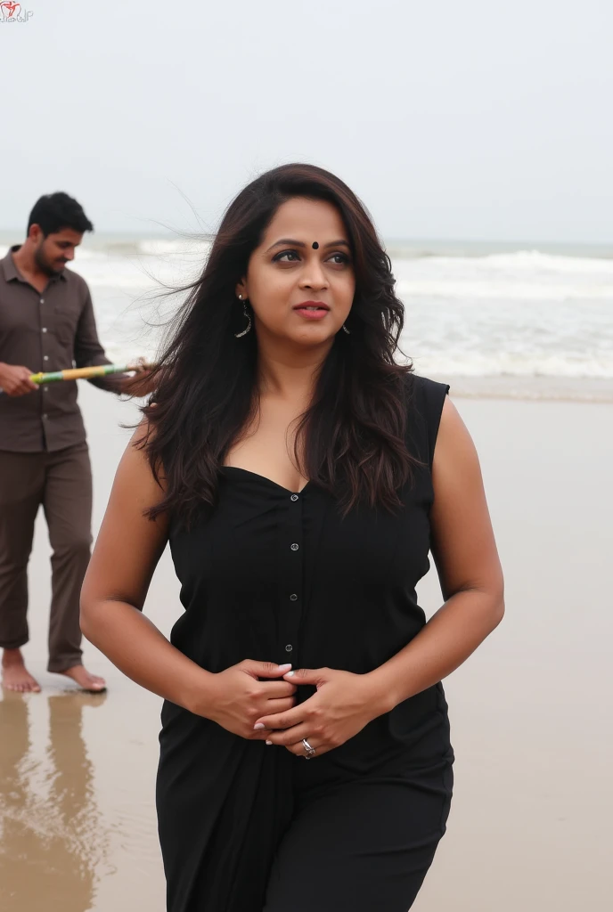 A dark-skinned, ugly, fat Kerala woman wearing a black sleeveless Muslim dress and a black hijab short dress, unbuttons the front of the dress, revealing her bra, navel, bare thighs and legs. barefoot . She holds her legs in and she urinates on a beach wit...