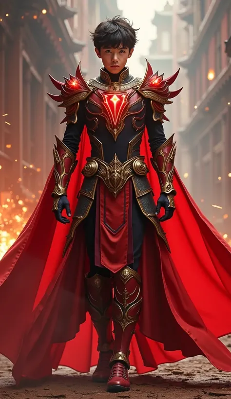 「  and the young mans body is being completely covered with red and black armor with gold ornaments、 the light is getting stronger and dazzling 。The waist belt emits light and 、 the central energy core shines red 。 shoulder spikes and chest emblems clearly...