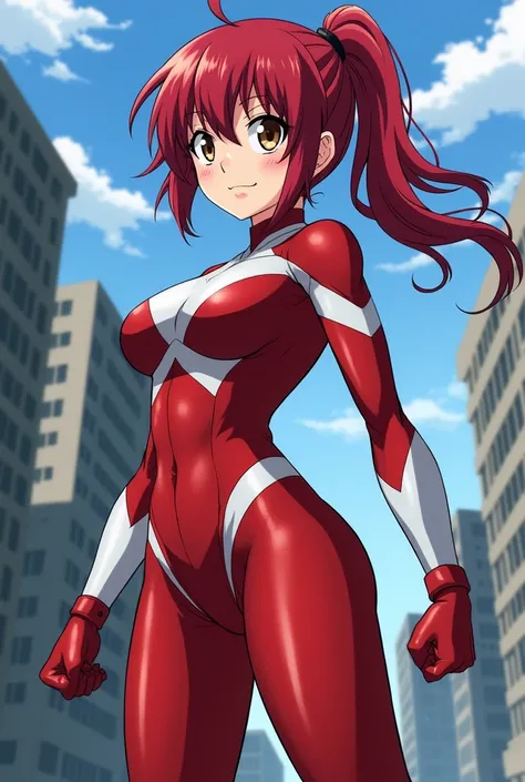     My Hero Academia Style ,     anime girl  , woman, young woman ,    full body shot  ,(  Fighting Stance  :1.3),  long hair, Red Hair,    Brown Eyes  ,  hero suit, Full Body Suit,   red suit with white details,     Perfect Anatomy    ,  Reinforced ABS , ...