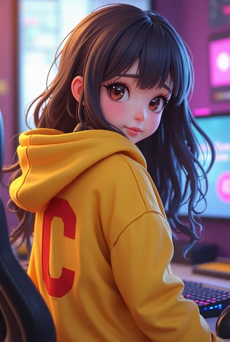 Make a 3d anime girl gamer wearing hoodie color yellow with letter C AT THE BACK 