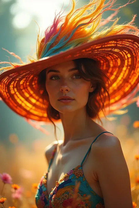 Woman wearing large colorful hat in whirlwind shape, medium shot, bright natural light, soft focus background